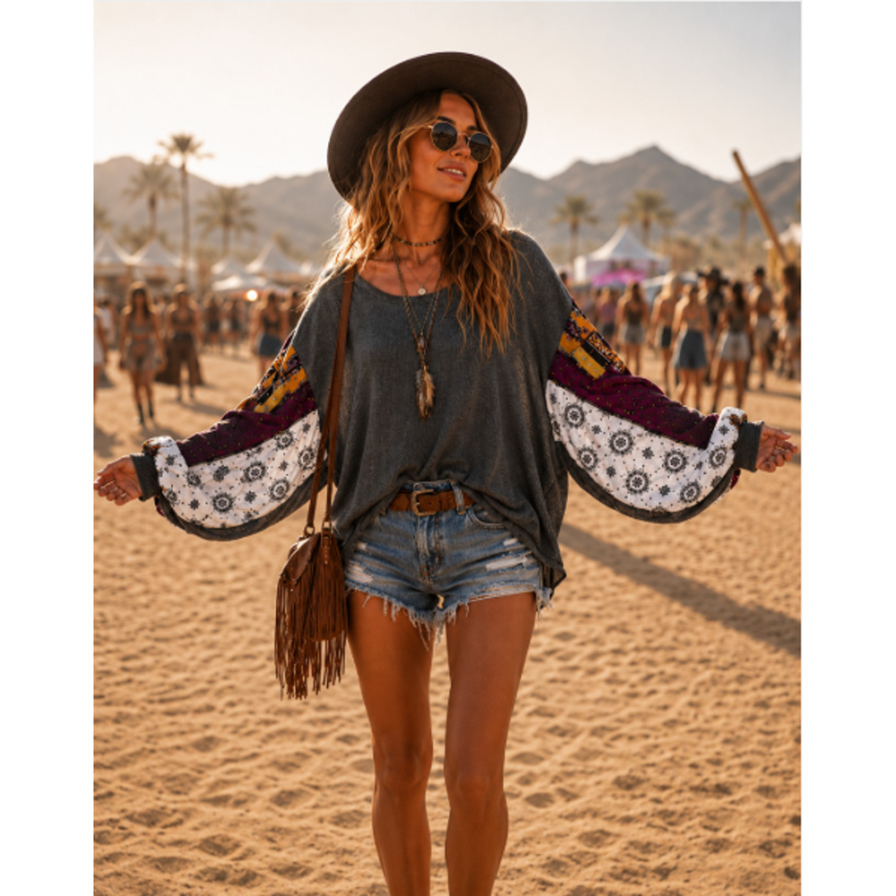 Free People We The Free Blossom Gray Thermal Top Patchwork Balloon Slv Sz M Boho - Picture 15 of 16